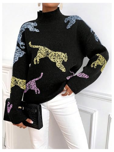 Image of WDIRARA Women's Leopard Tiger Print Sweater High Neck Long Sleeve Fuzzy Knitted Pullover Top