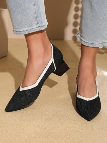Women's Slip On Knitted Block Heels Pointed Closed Toe Low Chunky Pumps Comfortable Casual Knit Heels for Women Office Meeting Daily Dress Shoes 1.57"2