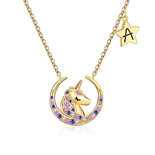 XINIYUGGR Unicorns Gifts for Girls Kids, 16K Gold/White Gold Plated Colorful Moon Stars Pendant Unicorn Necklace for Girls Jewelry Initial Necklace Birthday Christmas Gifts