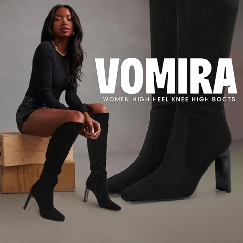 VOMIRA Knee High Boots Women Chunky Heel Square Toe Black Boots for Women High Heel Side Zipper Dress Long Boots Stretch Leather Tall Boots4