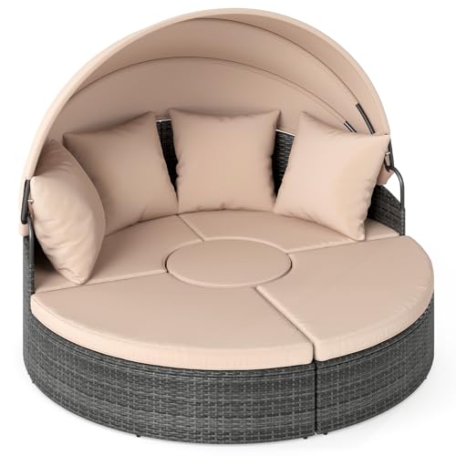 COSTWAY Sonneninsel mit Dach und Tisch, Sonnenliege Rattan für 2...