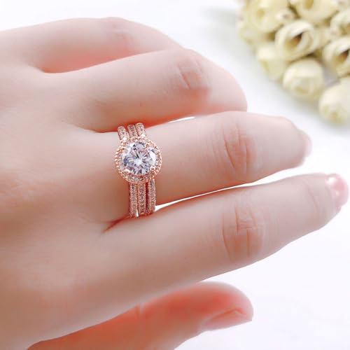 Wedding Ring Set for Women Three-in-One Engagement Rings 18K White/Rose Gold Plated Cubic Zirconia Promise Eternity Band Stackable Rings for Size 5-103