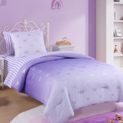 Image of Twin Comforter Set with Sheets for Girls-5 Pieces Twin Bedding Sets | Soft Purple White Gradient Ombre Comforter with Pillowcases & Shams, Silver Butterfly, 66 inch X 86 inch