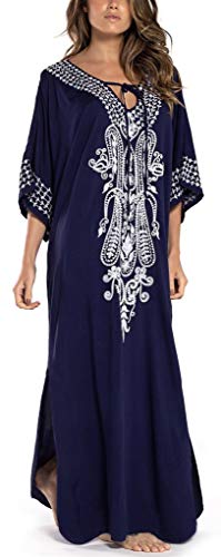 FreestyleMo - Poncho de playa largo para mujer, bikini, túnica, cubre arriba, poncho de playa, maxi kimono Kaftan vestido de verano azul Talla única
