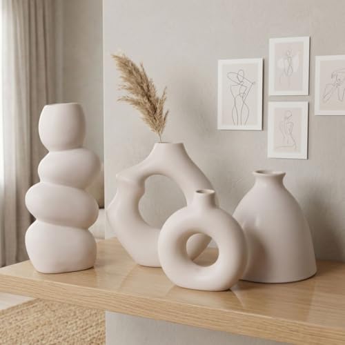 Image of Ceramic Vase Set of 4 | Nordic Minimalist Donut & Abstract Sculptural Decorative Flower Vases | Matte White Home Decor for Living Room, Center Table & Shelf