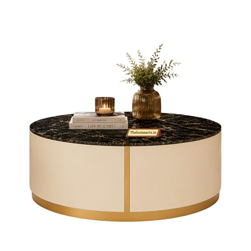 Image of Marble Top Royal Crest Round Center Table | Premium Marble Top Coffee Table for Living Room | Modern Luxury Design 30x30x15.5 Inch (Ivory)