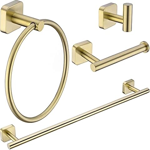 TRUSTMI Brushed Gold Bathroom Hardware Set 4 Piece Stainless Steel Bath Cloth Towel Bar, Towel Ring, Roll Paper Holder and Robe Coat Hook, Wall Mounted Cover