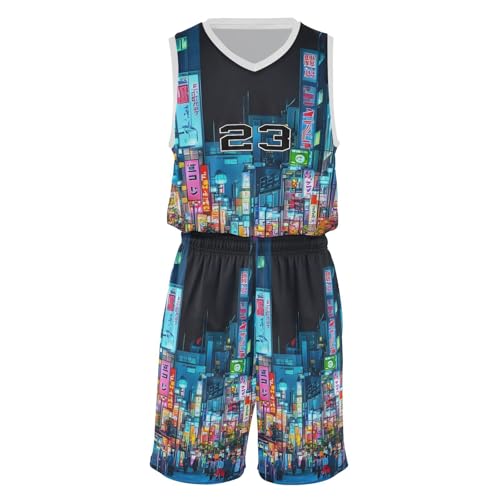 FLildon Japanese Neon Punk Futuristic City Boys Basketball Jersey Set Tank Top Shorts Tracksuit Sport Training Suit for Kids