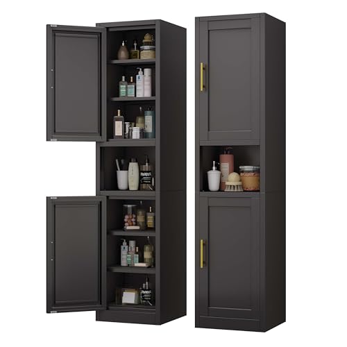 pozdeg 67' Tall Narrow Storage Cabinet Metal Bathroom Cabinet with 2 Doors & 4 Adjustable Shelves, Standing Pantry Cabinets Cupboard for Kitchen, Dining Room, Living Room and Bathroom (Black)