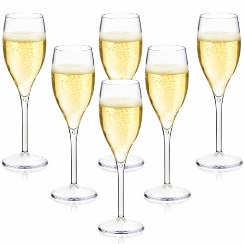 AIOS Set of 6 Champagne Flutes. Polycarbonate. Looks Like Real Glass but Unbreakable Plastic. Ideal for Picnics, on The Beach, Outdoor Pool, BBQ, Garden. Washable and Reusable. Dishwasher Safe
