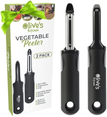 Olive's Kitchen Vegetable Peeler Set – Ergonomic Grip Peelers for Kitchen w/Razor-Sharp Swivel Blades - Stainless Steel Fruit Peeler for Potato, Apple, Carrot, Cucumber - Veggie Peeler (2 Pack)