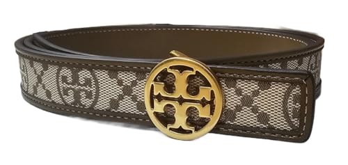 Tory Burch 84155 T Monogram Jacquard Khaki/Brown With Gold Hardware 1 Inch Width Women's Belt