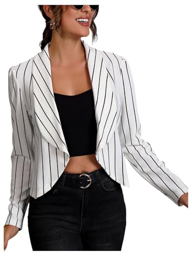 Floerns Women's Striped Open Front Business Blazer Shawl Neck Long Sleeve Crop Jacket