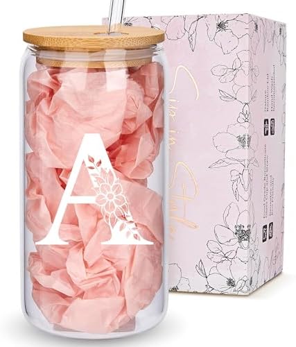 Personalized Gifts for Women, Monogrammed Glass Cups with Lids an...