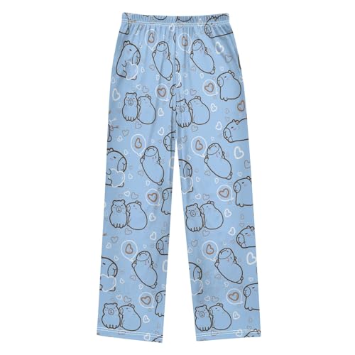 Cute Capybara with Hearts Blue Cute Pajama Pants, Soft Sleepwear Lounge Pants Pajama Pj Bottoms for 6-14 Years2