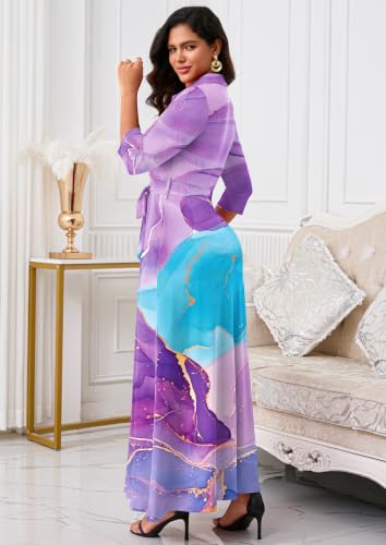 Image of Rumwind Maxi Dresses for Women, 3 /4 Sleeve Shirt Collar Casual Afircan Print Church Dress Button Down with Belt and Pockets