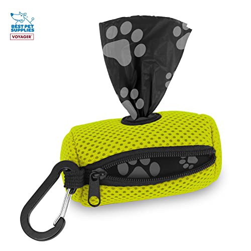 Image of Best Pet Supplies Dog Poop Bag Holder Leash Attachment with 15 Bags, Lime Green, Reusable Mesh Dispenser Pouch for Travel, Walking, Park, and Outdoor Use, Soft and Durable with Clip-On