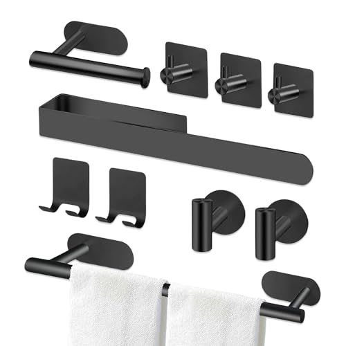 Eliteva Kit Toalleros De Baño Sin Taladro 10 Piezas - Accesorios Baño Sin Taladro, Toallero Adhesivo Baño Acero INOX, Porta Rollos De Papel Higienico Y Ganchos Adhesivos para Pared (Negro Mate)