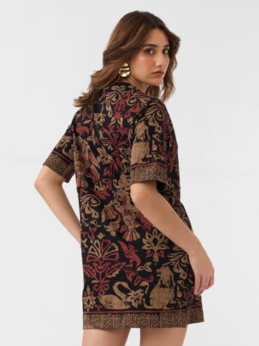 Image of The Souled Store Nomad: Grace Women and Girls Short Sleeves Round Neck Black Abstract Printed Cotton Casual Everyday Mini Oversized T-Shirt Dress
