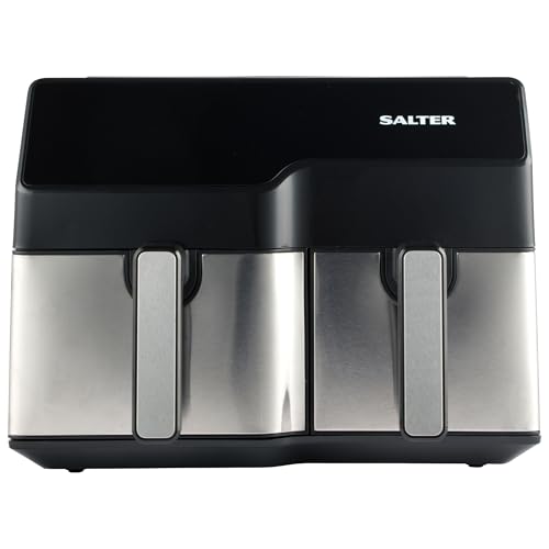 Salter EK5729 Dual Sector Air Fryer – XL 9L Family Size, Dual Non-Stick Cooking Drawers (5.5L/3.5L), Digital LED Touch Display, 8 Presets With Sync/Match Cook Function, No Pre-Heating Needed, 2500W