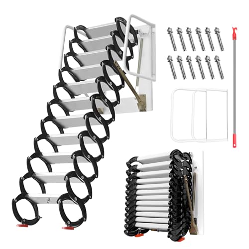12FT Folding Loft Staircase, 900 Lbs Pull Down Attic Stairs, 12 Steps Wall-Mounted Folding Stairs, Telescoping Attic Ladder for Attics and Basements, Black