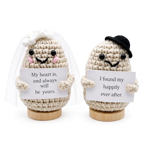 Crochet Couple Gift, Knitted Bride and Groom Crochet Dolls with Love Message Cards, Romantic Gift for Couple, Wedding Engagement Anniversary Gifts (Potato Bride&Groom White Black)