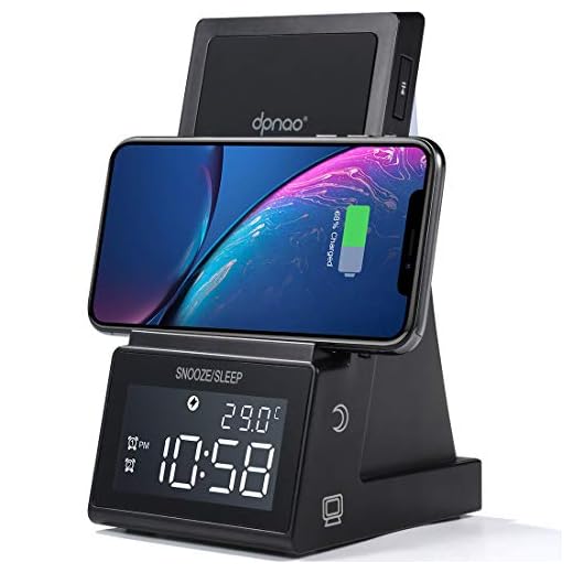 dpnao Alarm Clock with Wireless Charging Dock Stand Bluetooth Speaker Night Light USB Fast Charger Compatible with iPhone 11/11 Pro/11 Pro Max/XR/Xs Max/XS/X/8/8 Plus Galaxy S10/S10 Plus/S10E/S9