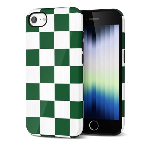Svanove Checkered Phone Case for iPhone SE Case 3rd 2nd iPhone 7 8 Plaid Lattice, Girly Cute Checkerboard Case for Women, Aesthetic Checker Print Design, Slim Thin Hard Plastic Cover, Green White
