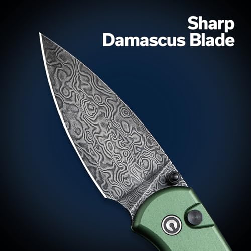 Image of CIVIVI Pocket Folding Knife- Button Lock Knife with Thumb Stud Opener for EDC, 2.98 inch Damascus Blade Aluminum Handle, Qubit Utility Knife for Men Women Gift C20030E-DS1