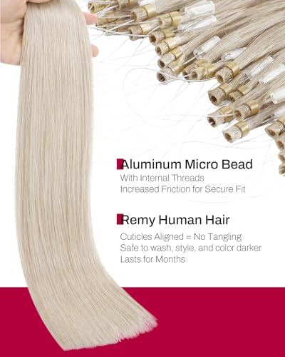 Image of Moresoo Micro Loop Hair Extensions Real Human Hair, White Blonde, 18 Inch | 50g 50 strands, individual strand extensions, cool blonde tone, buildable volume, weekend styling, social events