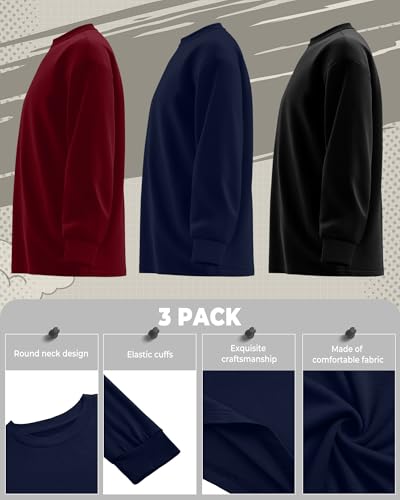 3 Pack Long Sleeve Shirts for Boy Crewneck Cotton Youth Undershirts Loose Kids Tops Fall Basic Tee Pullover2