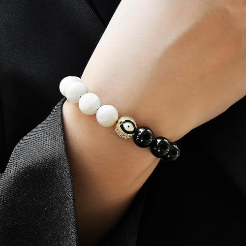 Premium Black Tourmaline, Moonstone Bracelet - Evil Eye Beaded Bracelets For Women And Men - (3x Protection - 10 mm Stone)- Triple protection Narural Stone Bracelet - Turmalina Negra Oiginal.2