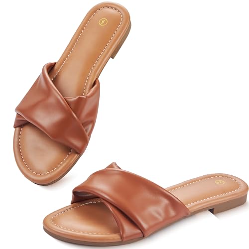 Image of Women's Flat Sandals Round Open Toe Comfortable Fashion Cute Ladies Slides Sandals Women Dressy Summer Flat Leather Casual Fashion Beach Shoes Size 6-11