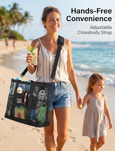 Image of Beach Bag, F-color Mesh Beach Bag Oversized Beach Tote 8 Pockets Beach Toy Bag Lightweight Beach Tote Bag for Women Picnic Travel