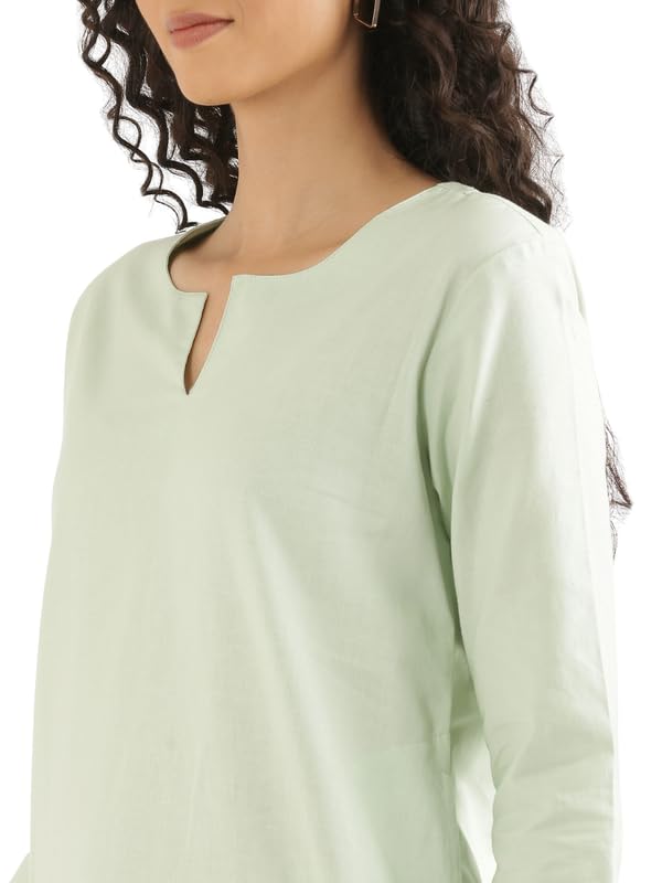 Image of SAADAA Airy Linen Mid Thigh Length Kurta for Women | Stylish Split Neck, 3 /4 Sleeves & Side Pockets | Comfortable Everyday Wear Kurta | Breathable Fabric |