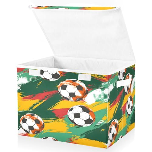 Image of senya Large Storage Bins with Linen Collapsible Foldable Storage Cubes Fabric Closet Organizer Containers box with Flip-Top Lid for Home Bedroom Office 16.7 x 12.6 x 11.8in (Football)