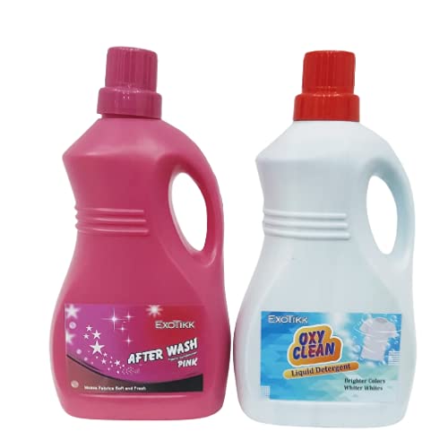 Exotikk Oxy Clean Liquid Detergent with concentrated & bio-degradable and Pink After Wash Fabric Conditioner or Softener for use in Machine as well as by Hand (1 litre each) Pack of 2