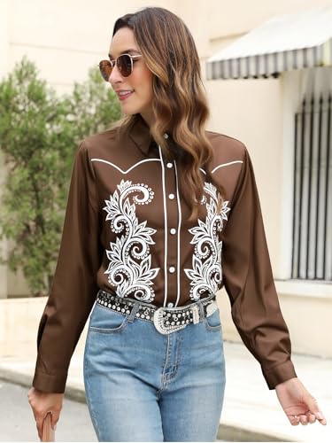 Western Cowgirl Shirts for Women Retro Floral Print Long Sleeve Cowboy Snap Button Down Tops3