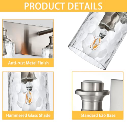 Image of 6 Lights Brushed Nickel Bathroom Vanity Light, Hammered Glass Shade | Modern Bathroom Lighting Fixtures over Mirror, Metal Finish Vanity Wall Sconce, E26 Base, for Bedroom Living Room Hallway