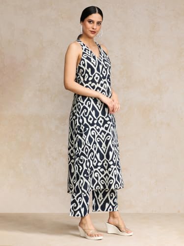Image of Varanga Women Solid Straight Kurta Trouser Set | Pure Cotton Fabric | Sleeveless Round Neck | Elastic Waist| Casual & Summer Wear