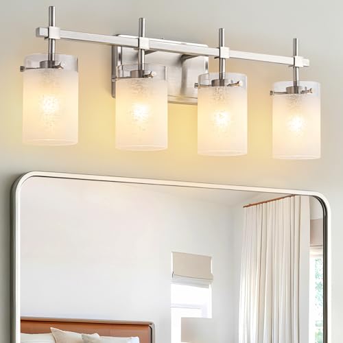 Image of 4-Light Brushed Nickel Vanity Light with White Linen Frosted Glass E26 Socket,Bathroom Light Fixture,Modern Wall Light Over Mirror(Bulbs Not Included)