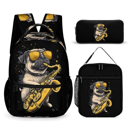 Saxophone Pug Dog Jazz Music Travel Backpack Lunch Box Pencil Case 3Pcs Set for Men Women Office Outing University