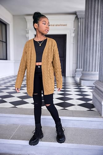 Image of Arshiner Girls Open Front Cardigan Long Sleeve Casual Kids Fall Clothes Solid Thick Chunky Sweater Coat with Pockets
