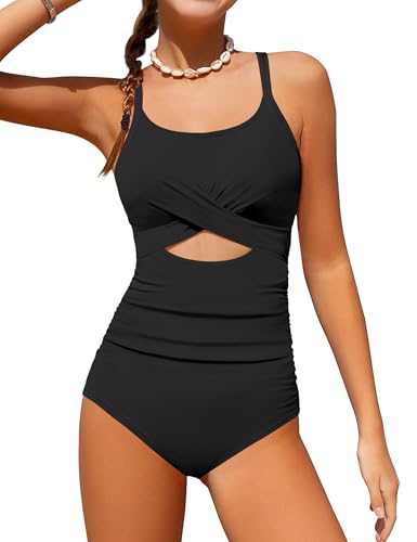 Girl Swimsuit One Piece Cutout Ruched Bathing Suit for Girls V-Neck Color Block Adjustable Straps Pad Swimwear 9-16y