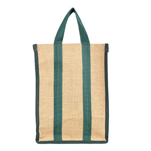 Image of DOUBLE R BAGS Laminated Jute Reusable Shopping Bags Kitchen Essentials Grocery Vegetable Lunch Carry Bag With Full Handles Multi-purpose Bag Stylish Designs (Green) Pack of 2