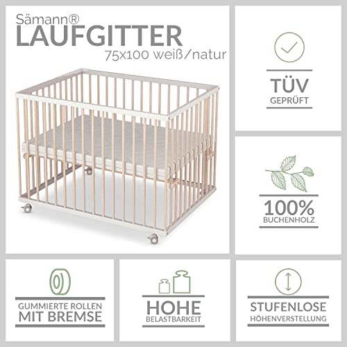 Sämann Laufgitter 75x100 cm mit Einlage - TÜV geprüft - stufenlos höhenverstellbar Laufstall Baby Buche weiß/natur - Waldfreunde