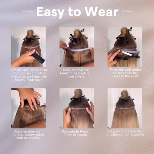 Image of Full Shine Genius Weft Hair Extensions Human Hair, Natural Black 24 Inch | 50g 1 Piece, Wide Hair Extension Tape in, Double Weft Design Silky Straight Texture Thick Ends for Long Styling