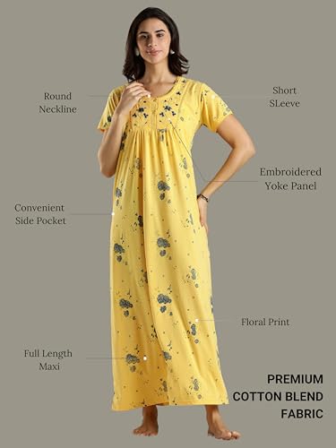 Image of 9shines Label Stylish Cotton Blend Embroidered Maxi Nightdress for Women with Pocket| Full Length Nightwear| Premium Nightdress| Comfortable Nightwear(5256)
