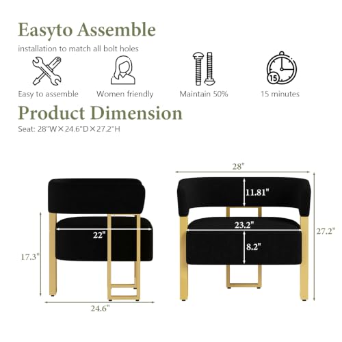 Image of Black and Gold Accent Chairs Set of 2, Boucle Barrel Chairs for Living Room | STHOUYN Boucle Upholstery, Curved Bucket Design, Bedroom Chair, Gold-Tone Base, Armchairs for Office, Small Space Seating