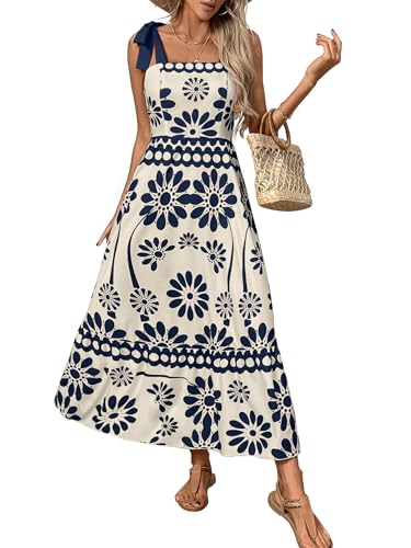Image of Women's Floral Print Maxi Dress - Adjustable Tie-Shoulder, Lightweight Beach & Summer